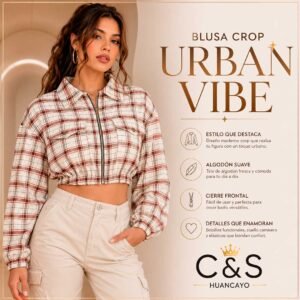 Blusa Crop Urban Vibe para Mujer – Cuadros, Cierre Frontal y Algodón Suave