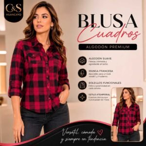Blusa Cuadros para Mujer – Algodón Premium, Manga Francesa y Bolsillos Funcionales