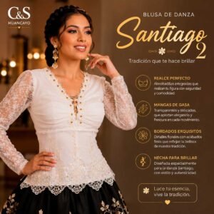 Blusa de Danza Santiago 2 para Mujer – Bordados Elegantes, Mangas de Gasa y Copas con Almohadillas