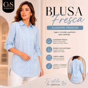 Blusa Fresca para Mujer – Algodón Premium, Manga 3/4 Ajustable y Corte Largo
