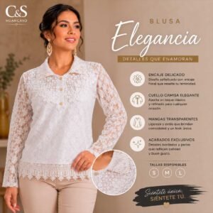Blusa Elegancia para Mujer – Encaje Floral, Cuello Camisa y Mangas Transparentes