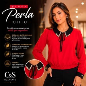 Blusa Perla Chic para Mujer – Cuello con Perlas, Manga Larga y Diseño Elegante