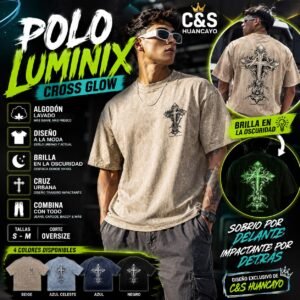 Polo Oversize para Hombre Estampado Glow in the Dark, Algodón Lavado, Diseño de Cruz Urbana Lumínica