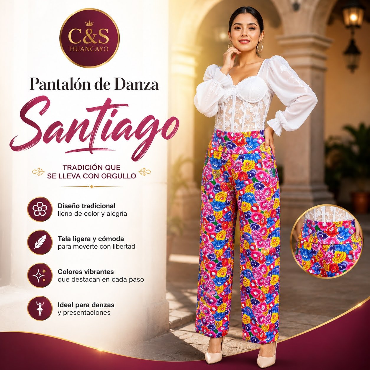 Pantalón de Danza Santiago para Mujer – Diseño Tradicional de Huancayo