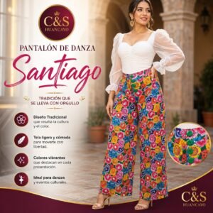 Pantalón de Danza Santiago para Mujer, Estampado Floral Tradicional, Tela Ligera para Baile Folclórico Peruano