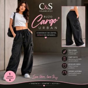 Pantalón Cargo Wide Leg para Mujer – Cintura Elástica con Cordón, Bolsillos Cargo y Tela Liviana