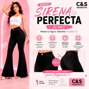 Jean Sirena Fajero para Mujer – Cintura Alta, Push Up, 1 Botón, Stretch Premium, Corte Acampanado
