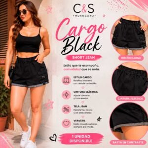 Short Jean Cargo para Mujer – Cintura Elástica, Bolsillos Laterales, Corte Cómodo, Denim Premium
