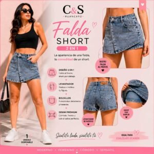 Falda Short Jean 2 en 1 para Mujer – Levantacola, Short Interno, Denim Premium, Diseño Cruzado