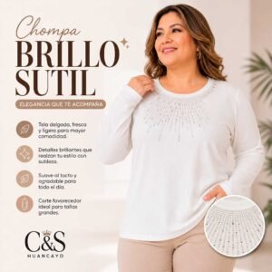 Chompa para Mujer con Aplicaciones Brillantes, Color Blanco, Manga Larga, Tela Suave y Corte para Tallas Grandes