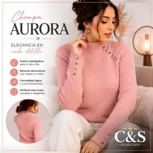 Chompa Aurora para Mujer Color Palo Rosa, Cuello Alto, Botones Decorativos y Tejido Acanalado