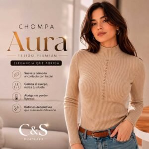 Chompa Aura para Mujer Tejida Acanalada, Cuello Alto con Botones Decorativos, Manga Larga