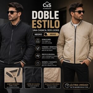 Casaca Reversible para Hombre Doble Cara Negro y Beige, Ligera, Cortaviento, Moderna y Versátil