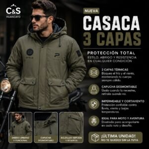 Casaca Térmica 3 Capas para Hombre – Impermeable, Cortaviento y Capucha Desmontable