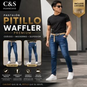 Pantalón Jean Pitillo Waffler Premium para Hombre con Cinturón, Corte Slim y Denim Stretch