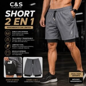 Short Deportivo 2 en 1 para Hombre con Licra Interior, Tela Transpirable y Bolsillo para Celular