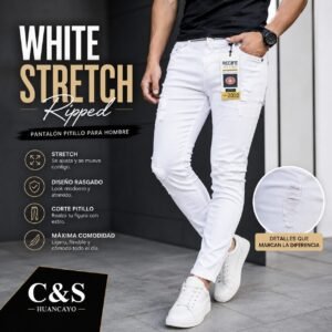 Pantalón Jean Pitillo Stretch Blanco Rasgado para Hombre