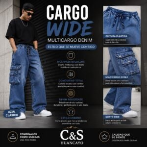 Pantalón Cargo Wide para Hombre Jean Azul, Corte Amplio Multibolsillos, Denim Premium con Cintura Elástica