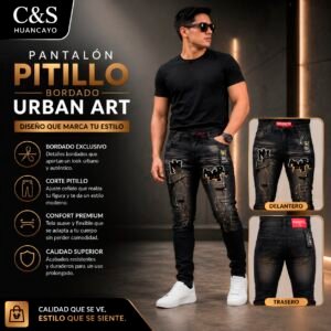 Pantalón Jean Pitillo para Hombre Urban Art, Bordado Exclusivo, Corte Slim y Tela Stretch Premium