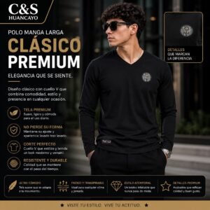 Polo Manga Larga para Hombre Cuello V, Tela Premium, Casual Elegante