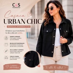 Casaca Urban Chic para Mujer Oversize con Bolsillos Frontales y Cuello Camisa