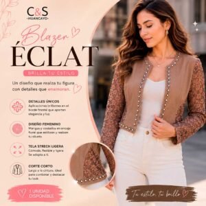 Blazer Éclat para Mujer con Encaje Floral, Aplicaciones Brillantes y Corte Corto