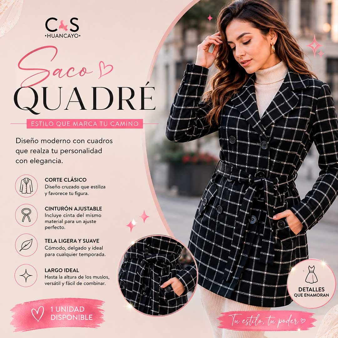 Saco Quadré para Mujer con Diseño a Cuadros, Corte Cruzado y Cinturón Ajustable