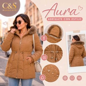 Casaca Acolchada para Mujer Color Camel, Capucha con Peluche Removible, Ajuste en la Cintura y Tela Impermeable