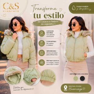 Casaca Convertible para Mujer 2 en 1, Verde Olivo, Impermeable, Capucha con Peluche Removible y Convertible a Chaleco