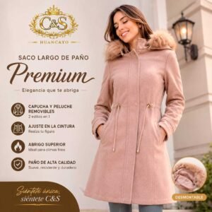 Saco Largo de Paño Premium para Mujer con Capucha y Peluche Removibles, Ajuste en la Cintura