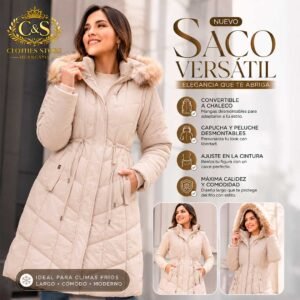 Saco Versátil Largo para Mujer Convertible a Chaleco con Capucha y Peluche Desmontables