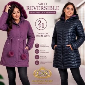 Saco Reversible 2 en 1 para Mujer con Capucha y Peluche Desmontables, Ajuste en la Cintura