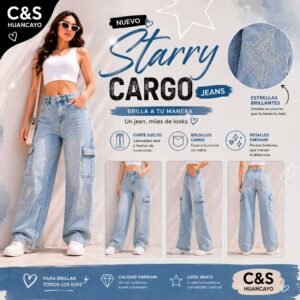 Pantalón Cargo Jeans Starry para Mujer – Jean Oversize con Bolsillos Cargo y Pedrería