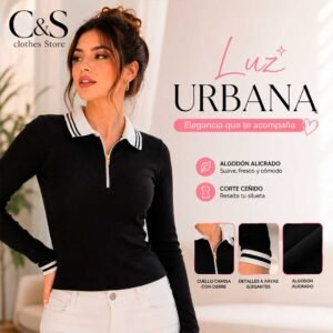 Polo Luz Urbana para Mujer de Algodón Alicrado, Cuello Camisa con Cierre, Manga Larga y Ajuste al Cuerpo