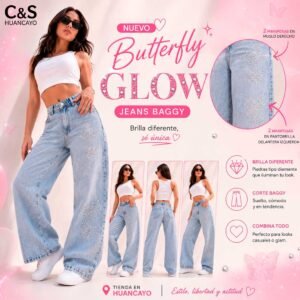 Pantalón Baggy Butterfly Glow para Mujer – Jean Oversize con Mariposas de Pedrería Brillante