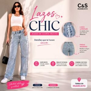 Pantalón Jean Recto para Mujer Lazos Chic – Denim Premium con Lazos Laterales y Pinzas Traseras