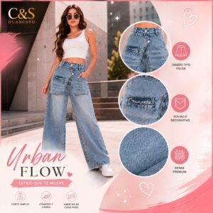 Pantalón Jean Urban Flow para Mujer – Corte Amplio con Diseño Tipo Falda y Denim Premium
