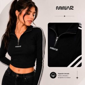 Polo Minuar para Mujer de Algodón Licrado, Cuello Alto con Cierre, Manga Larga Crop y Ajuste al Cuerpo