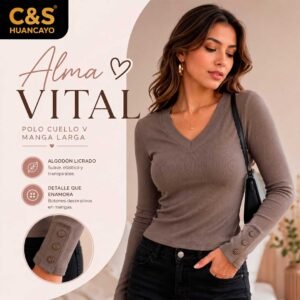 Polo Alma Vital para Mujer de Algodón Licrado, Cuello en V, Manga Larga con Botones Decorativos