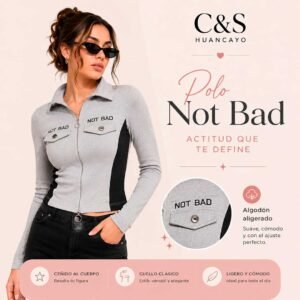 Polo Not Bad para Mujer de Algodón Alicrado, Cuello Camisa con Cierre, Manga Larga y Corte Ceñido