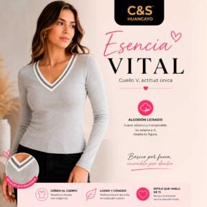 Polo Esencia Vital para Mujer de Algodón Licrado, Cuello en V con Doble Ribete, Manga Larga y Corte Ceñido