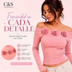 Polo Flor de Seda para Mujer de Algodón Licrado, Doble Cuello con Flores Decorativas, Manga Larga y Corte Ceñido