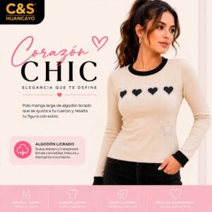 Polo Corazón Chic para Mujer de Algodón Licrado, Manga Larga, Aplicaciones de Corazones y Corte Ceñido