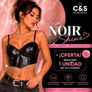 Top Noir Shine para Mujer de Cuero Sintético Premium, Tirantes Delgados, Copas con Realce y Flecos de Brillos