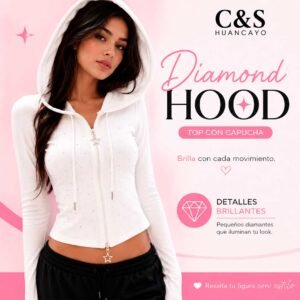 Polo Diamond Hood para Mujer de Algodón Licrado, Capucha, Cierre Frontal, Manga Larga y Aplicaciones de Strass