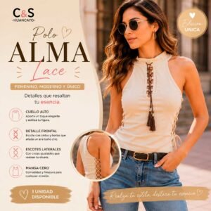 Polo Alma Lace para Mujer, Cuello Alto con Detalles de Cordón Ajustable, Manga Cero