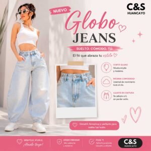 Pantalón Globo Jeans para Mujer – Jean Oversize Tiro Alto