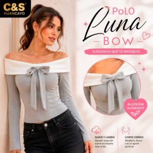 Polo Luna Bow para Mujer de Algodón Licrado, Escote Bardot con Lazo Decorativo y Manga Larga