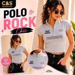 Polo Rock Chic para Mujer de Algodón Licrado, Crop Top con Cuello Alto, Cierre Frontal y Manga Corta