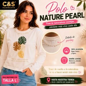 Polo Nature Pearl para Mujer de Algodón 100%, Manga Larga con Estampado Tropical y Detalle de Perlas